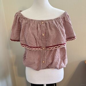 C’isa Burgundy Striped Off-Shoulder Cropped Blouse Size Medium